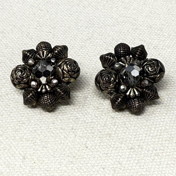 Vintage Bead Cluster Earrings Silver Gray Clip-On‎ Retro Dark Classic - Picture 1 of 8